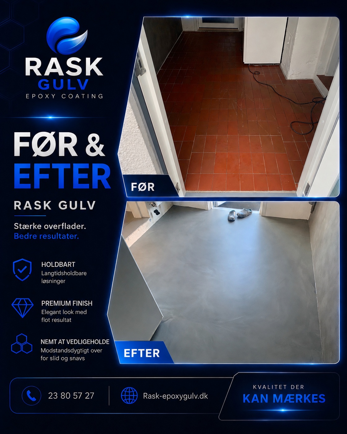 Epoxygulv før og efter renovering