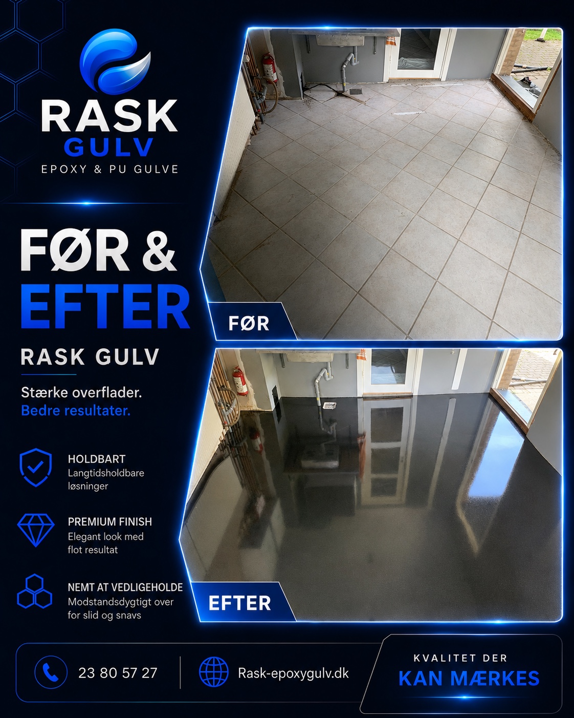 PU-gulv før og efter renovering